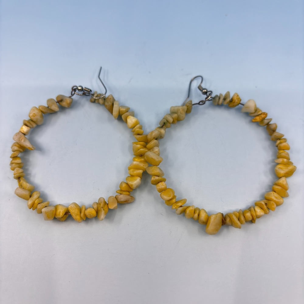 Yellow Chip Bead Large Hoop Earrings Silver Tone Boho Statement Festival Jewelry